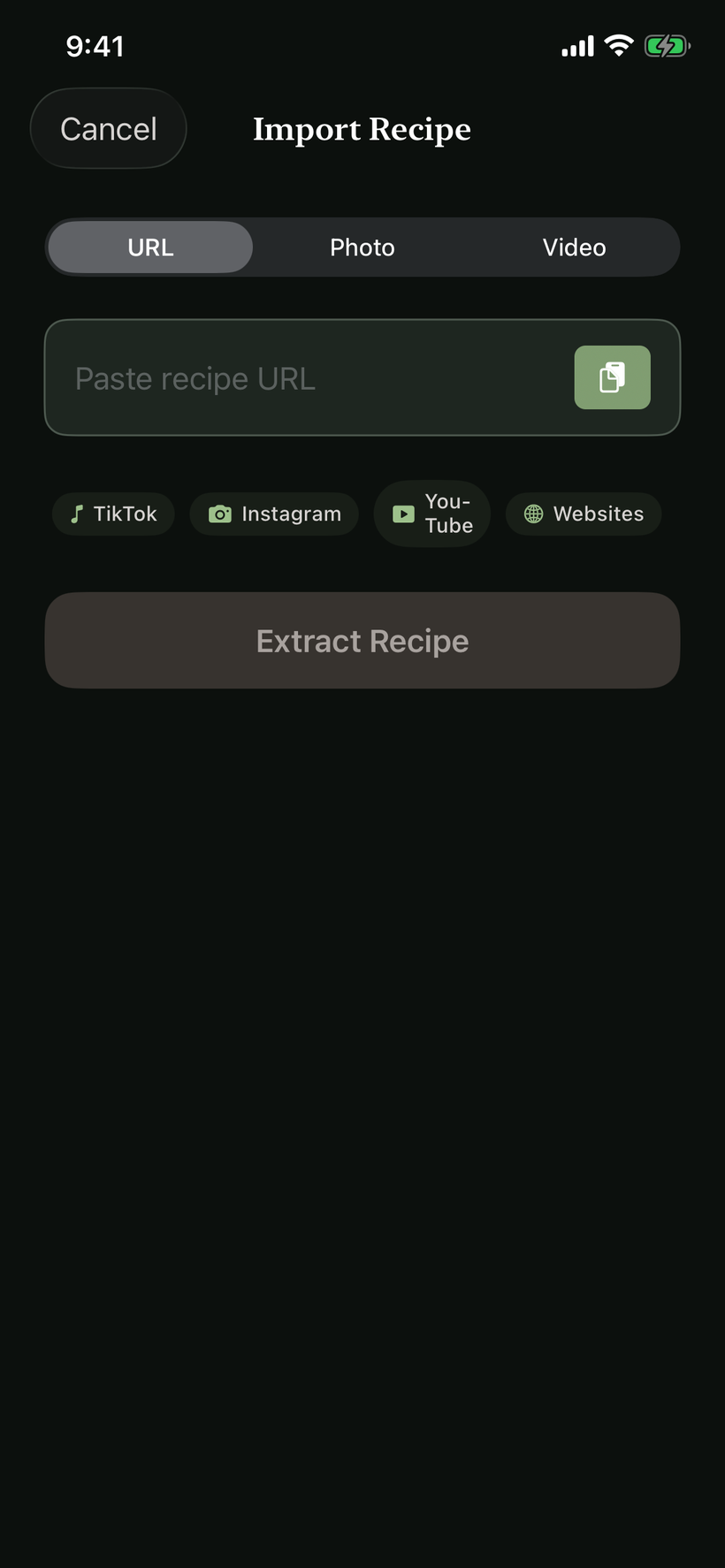 Import screen, dark mode
